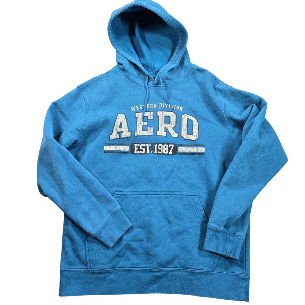 Aeropostale Hoodie Sweatshirt Mens Medium Blue AERO Est 1987 Fleece Pullover